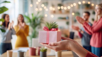Corporate Boss s Day celebration, team clapping and presenting a thank-you gift to the boss, cheerful office setting, appreciation and authority blend