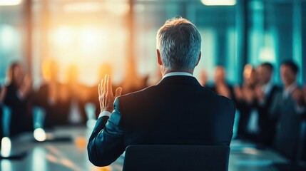 Corporate director receiving applause from team, well-lit office space, sense of value and high regard, Boss s Day acknowledgment scene