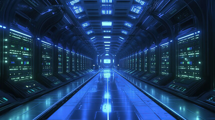 Naklejka premium Futuristic Data Center with Illuminated Server Racks