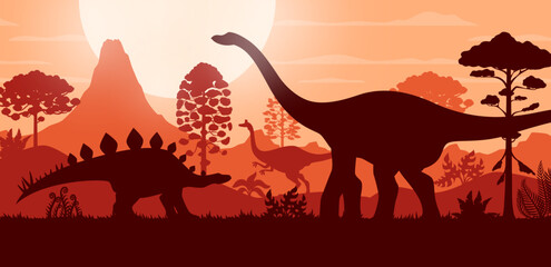 Prehistoric dinosaurs silhouettes on jurassic nature landscape vector background. Giant quaesitosaurus, pelecanimimus and lexovisaurus dinosaurs silhouettes in jungle forest with ancient trees and sun © Vector Tradition