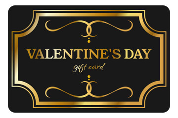 Valentine's day gift card. Vintage gold frame on black background.