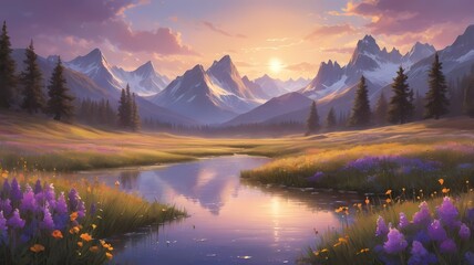 beautiful satisfying illustration of sunset over mountains