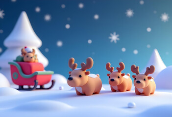 Fototapeta premium Cute reindeer figurines in snowy landscape with sleigh and Christmas trees. scene evokes joyful holiday spirit, perfect for festive decorations