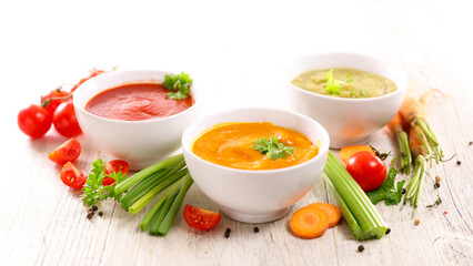assorted of bowl of soup with fresh ingredients