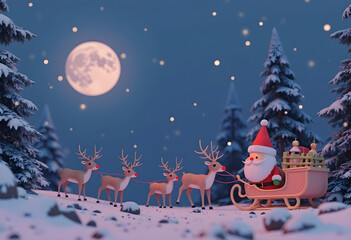 serene winter night features Santa Claus with reindeer in snowy landscape, illuminated by full moon. scene captures magic of holiday season