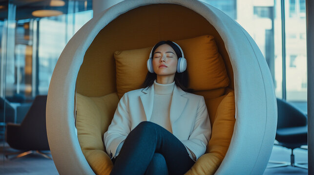 Woman finding calm in a wellness pod within an open office area