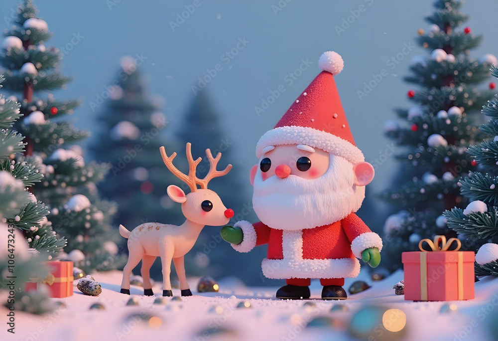 Wall mural heartwarming scene of Santa Claus feeding reindeer in snowy forest, surrounded by Christmas trees and gifts, evoking joyful holiday spirit