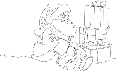 Outlined Cute Santa Claus Cartoon Character With A Sack Full Of Gifts. Vector Hand Drawn Illustration. One continuous line drawing Santa Claus on reindeer and sled. concept for Christmas and New Year