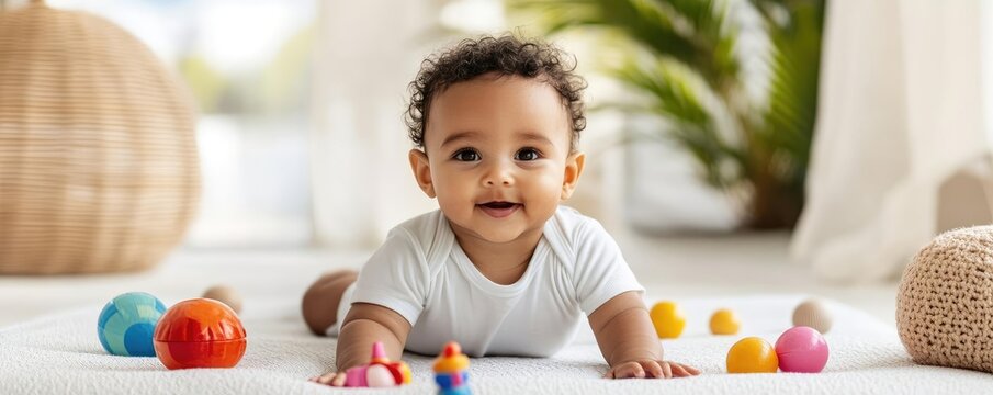 Peaceful infant practicing tummy time on a soft mat, surrounded by gentle toys, promoting balance and attentive care - Powered by Adobe