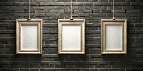 Three empty picture frames hanging on black brick wall, mockup, blank, design, art, interior, creativity, gallery