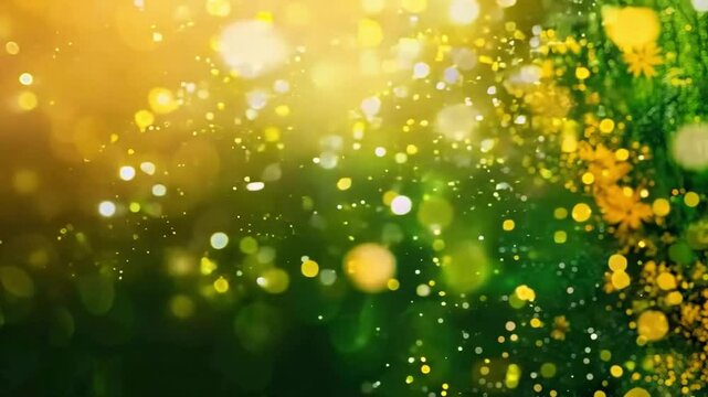 Abstract background with green and yellow bokeh for brazil independence day celebrations, featuring a vibrant and festive design. Banner. Copy space. Flat lay, top view. Mock up.