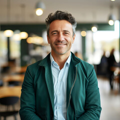 Smiling Italian businessman in modern office setting with confident demeanor