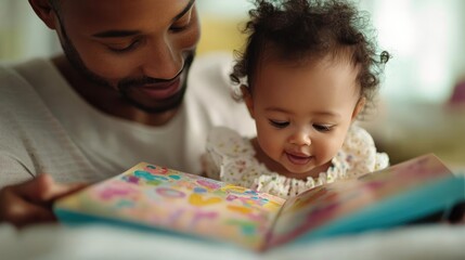 Obraz premium Baby focused on interactive book with a parent, vibrant setting, promoting mental curiosity and nurturing connection
