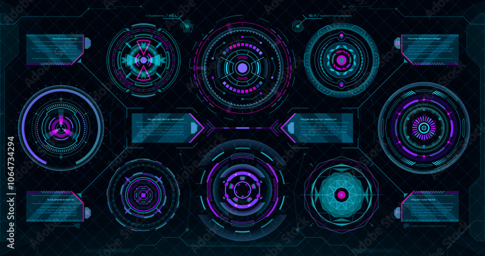 Aufkleber Circular futuristic HUD elements, digital Sci Fi interface. Future technology cyber game UI vector graphic, futuristic HUD control panel elements, round holograms, info boxes and callout title frames