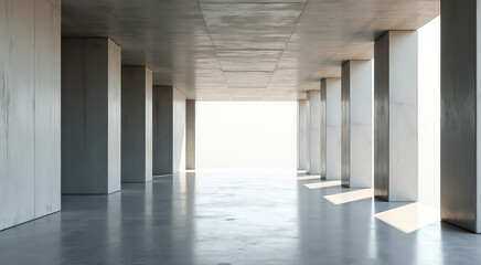 A long, empty hallway with white walls and grey floors