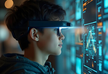 Innovative technology augmented reality young boy futuristic glasses digital interface data visualization modern technology immersive experience tech savvy youth