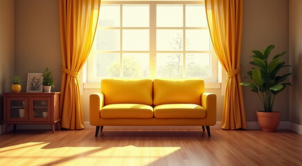 Fototapeta premium A yellow couch sits in front of a window with curtains drawn