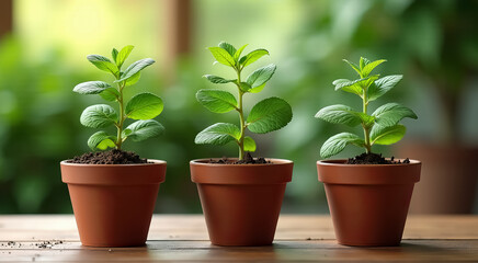 Fototapeta premium Three potted plants are sitting on a wooden table