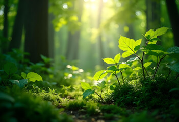 Fototapeta premium Lush green leaves basking in sunlight create serene forest atmosphere, showcasing natural textures and vibrant life