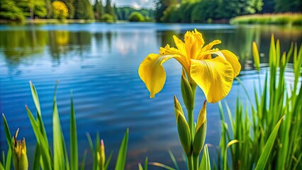 Vibrant yellow flag iris blooming by the water's edge, iris pseudacorus, yellow flag, water plant, wildflower, nature