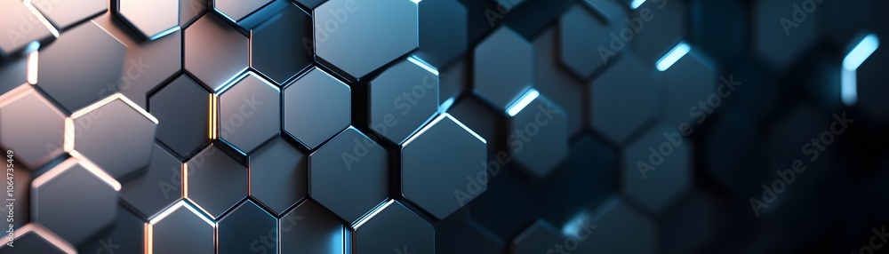 Poster abstract geometric pattern of shiny hexagons with blue and orange glowing edges
