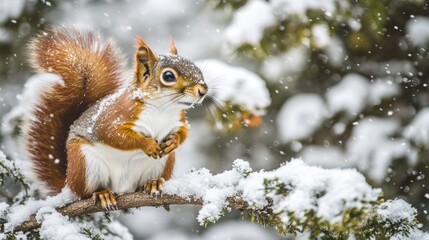 Obraz premium Close-up snowy forest scene with a red squirrel perched on a branch surrounded by snow-covered trees capturing a serene winter atmosphere