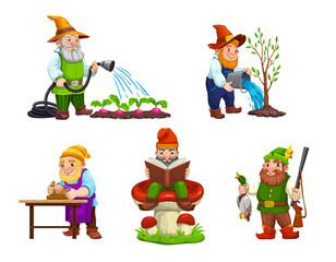 Cartoon gnome dwarf characters. Cute fairytale garden gnome vector personages of carpenter, hunter and gardener. Funny dwarves watering plants with bucket, reading book, planning wood and hunting duck