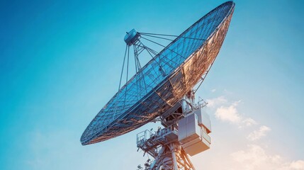 A giant satellite dish sends and picks up signals from space. This equipment is used for TV and radio broadcasts. Radio signals travel as waves in space.
