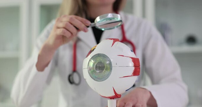 Doctor examines model of human eye using magnifying glass in medical office