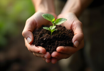 Nurturing young plant in hands, symbolizing growth and care for nature. This captures essence of environmental stewardship and importance of nurturing life
