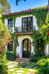 A house with ivy growing on it. The house is white and has a black door