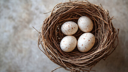 Obraz premium Speckled eggs in a nest on a natural background.