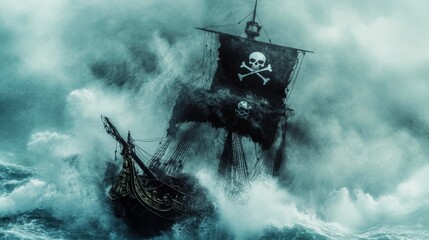 Fototapeta premium Dramatic pirate ship riding through rough waters the iconic skull-and-crossbones flag flying high with waves crashing against its hull