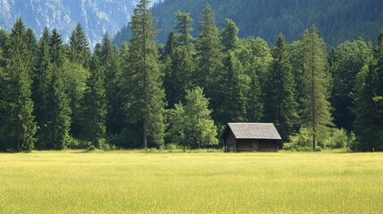 Obraz premium A grassy field with a shepherd's cabin and tall spruce trees in Pokljuka, Slovenia.