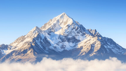 Obraz premium High-altitude view of snow-capped mountain peak above clouds, blue sky