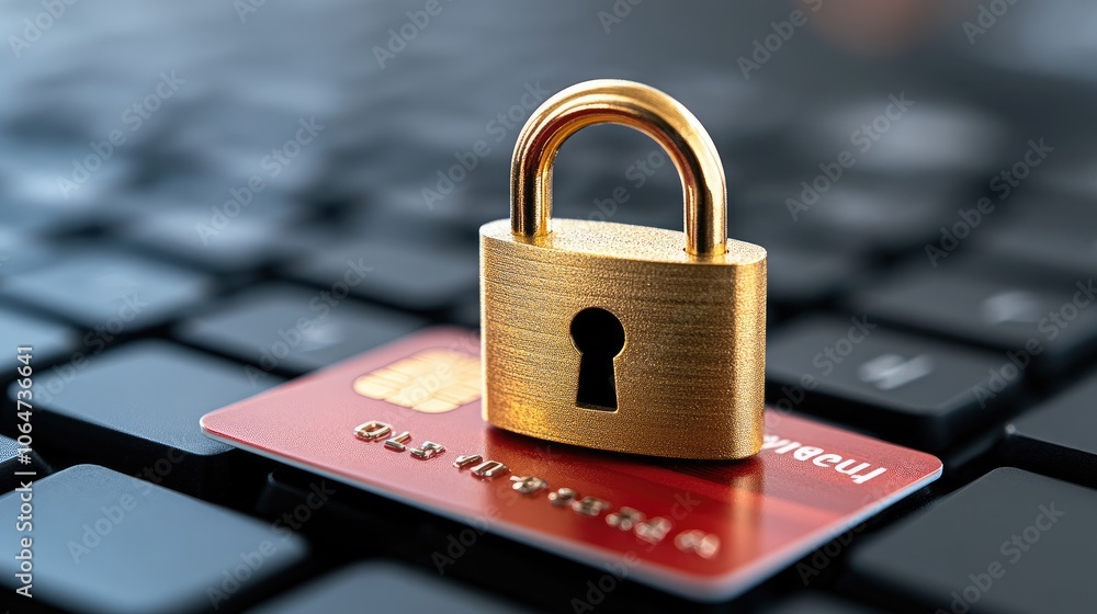 Poster preserving security with an old padlock on a keyboard alongside a vibrant red credit card in a digit