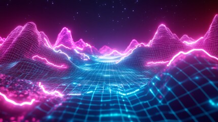 Futuristic metaverse landscape with neon energy flows representing digital health services in cyber space