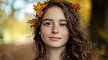 Fototapeta premium A lovely young woman with autumn leaves in her hair. She has a fresh, natural look with beautiful eyes.
