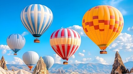 Obraz premium Colorful hot air balloons float in a bright blue sky above rugged mountains, creating a striking and joyous scene.