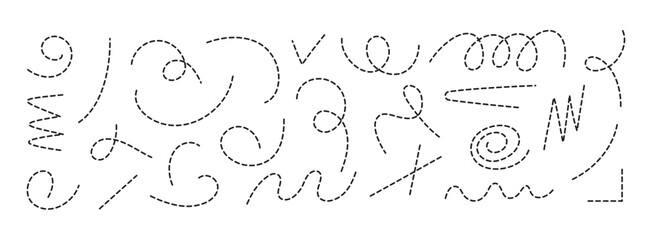 Dot lines, doodle dash pointers. Hand drawn curve abstract lines. Dot vector circle elements, curve elements. Vector icons