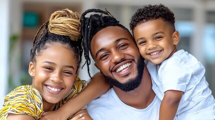A joyful family portrait featuring a father with his two children, sharing smiles and love in a bright, cheerful setting.