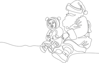 Outlined Cute Santa Claus Cartoon Character With A Sack Full Of Gifts. Vector Hand Drawn Illustration. One continuous line drawing Santa Claus on reindeer and sled. concept for Christmas and New Year