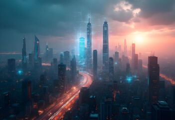 Fototapeta premium futuristic city skyline at dusk, featuring tall skyscrapers and glowing lights, creating vibrant urban atmosphere
