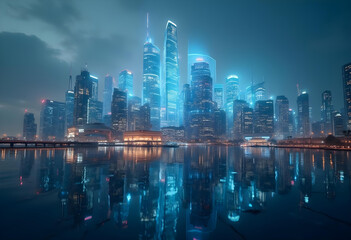 Fototapeta premium stunning cityscape at night featuring illuminated skyscrapers reflecting on water, creating vibrant and futuristic atmosphere