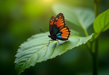 Fototapeta premium vibrant butterfly perched on green leaf, showcasing its striking orange and blue wings. natural setting creates serene and peaceful atmosphere