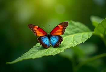 Fototapeta premium vibrant butterfly with orange and blue wings resting on green leaf, showcasing beauty of nature. soft background enhances vivid colors and delicate details