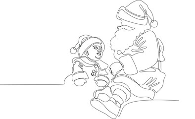 Outlined Cute Santa Claus Cartoon Character With A Sack Full Of Gifts. Vector Hand Drawn Illustration. One continuous line drawing Santa Claus on reindeer and sled. concept for Christmas and New Year