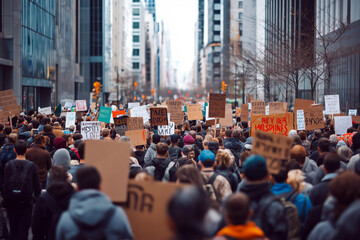Large crowd of diverse protesters holding signs and banners, with intense expressions, in the city streets during a protest.