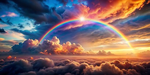 Ethereal Rainbow Cloudscape: A Mesmerizing Panorama of Vibrant Colors Illuminating the Sky with Wonder and Awe