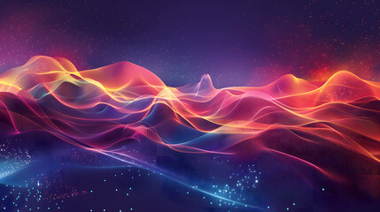 Design a colorful vector artwork depicting the oscillation and movement of sound waves in a wave-like format across a panoramic space.